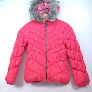 London Fog‎ Lined Puffer Jacket Girl's Large Fur Trim Hood Insulated Preppy Fun